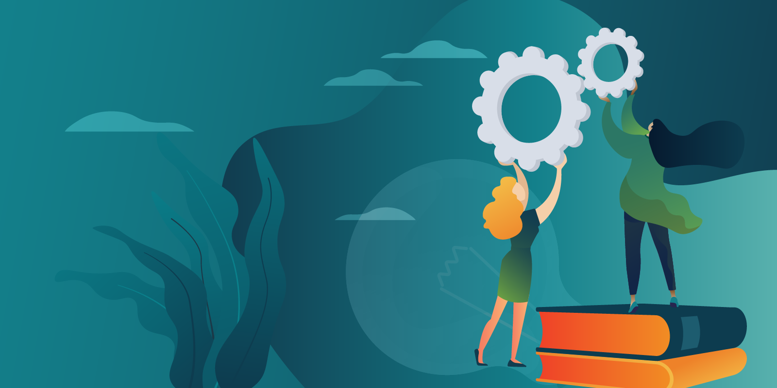 Two people stand on books, fitting large gears together against a teal abstract background.
