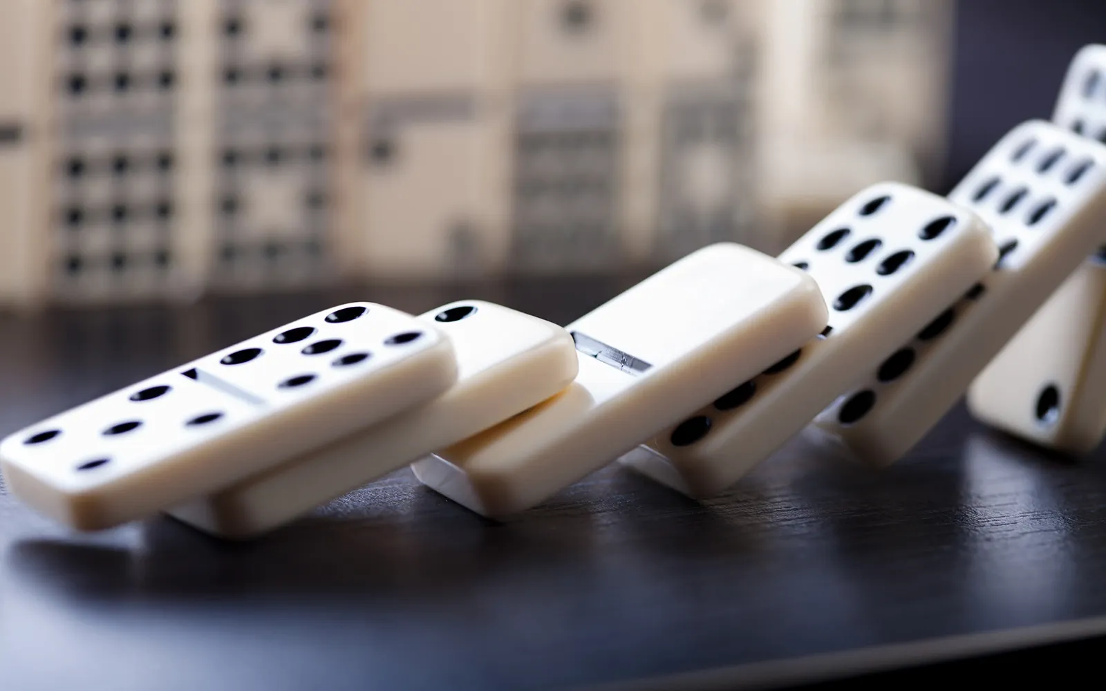 Close-up of fallen over dominos