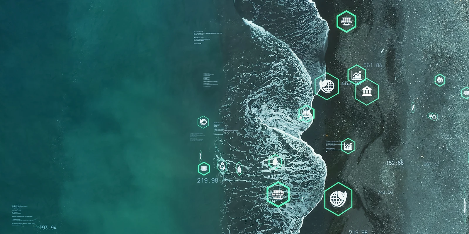 an ocean with an overlay of environmental icons 