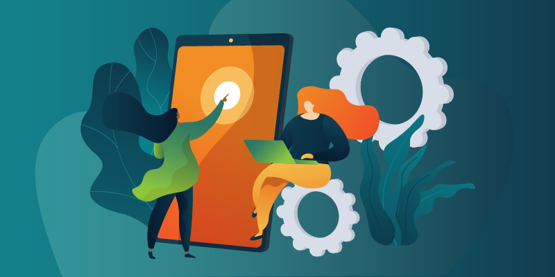 Two women interact with technology: one points at a large tablet, while the other works on a laptop, surrounded by gears and foliage.