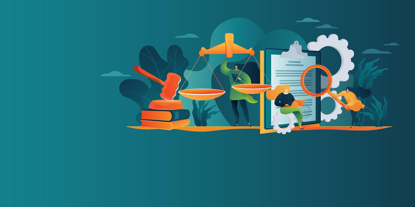 Illustration depicting legal themes: a gavel, scales, a clipboard with documents, and diverse people engaged in legal activities.