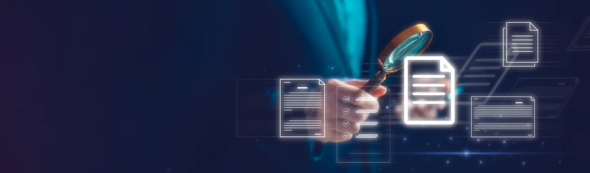 Person with magnifying glass and icons of paper