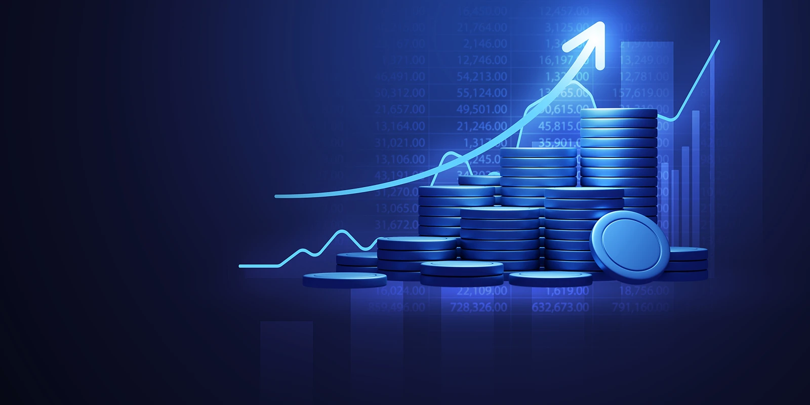 Coins stacked with upward arrow symbolizing financial growth.