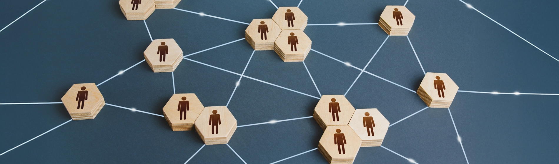 Wooden hexagonal tiles with human icons connected by white lines on a blue background, representing a network or social connections.