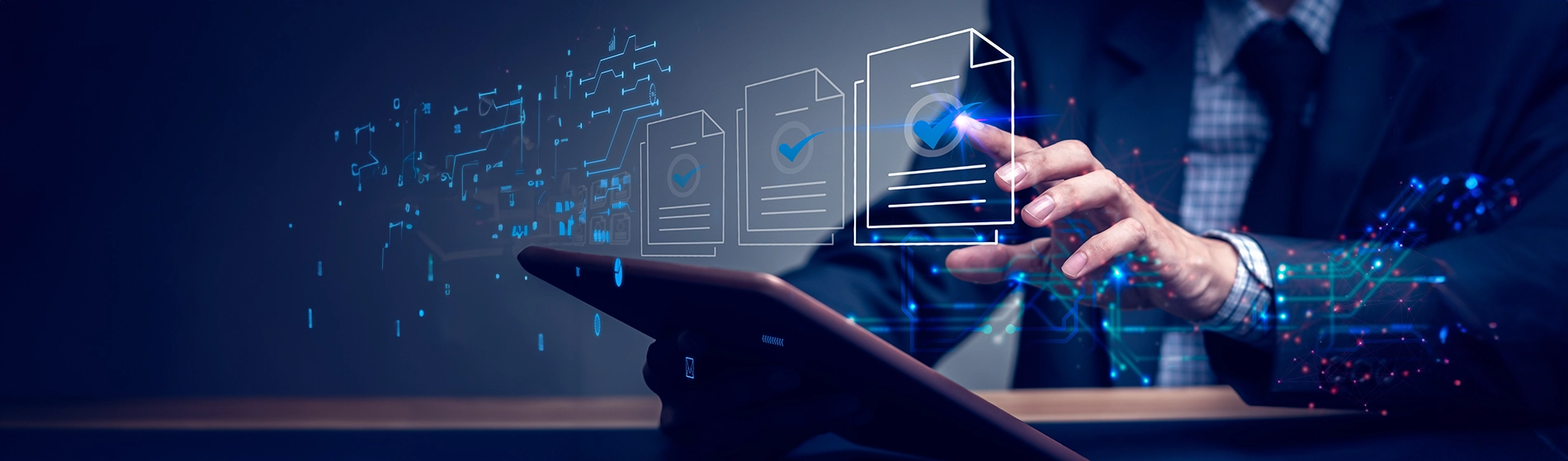 The image shows a person interacting with a digital interface, likely on a tablet or similar device. 