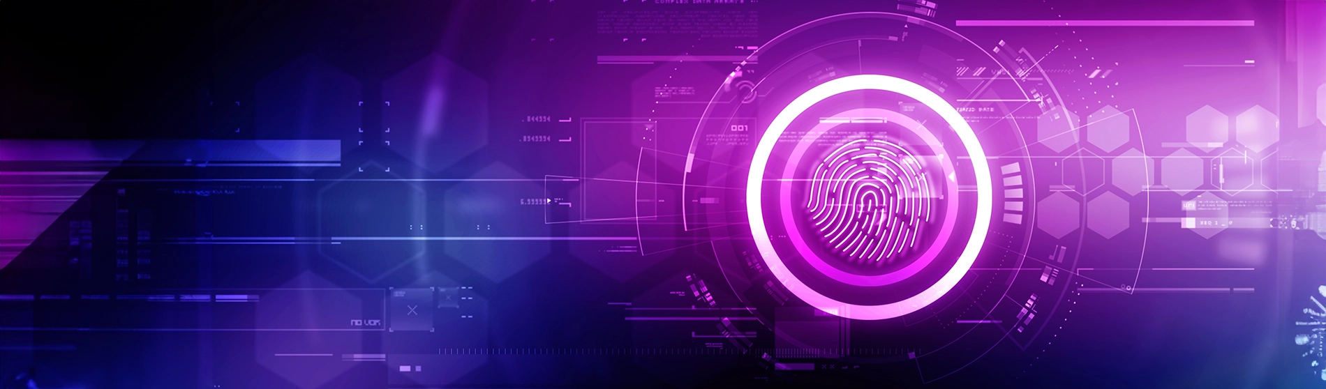 Purple and blue abstract photo of data and a fingerprint to represent digital forensics