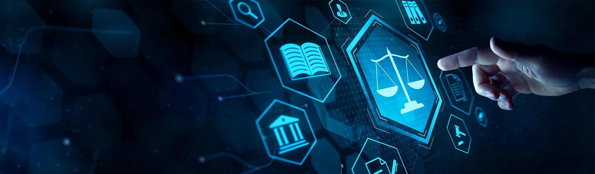 A hand pointing at a digital justice scale icon on a blue hexagonal grid.