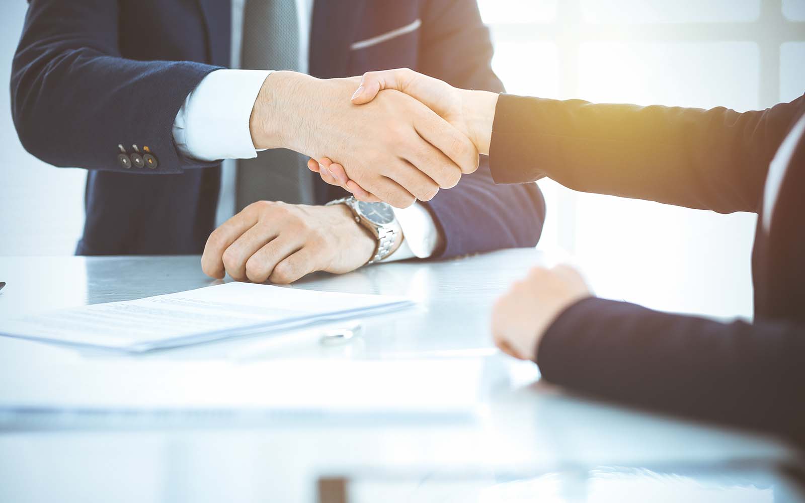 Business people shaking hands finishing up meeting or negotiation in sunny office.