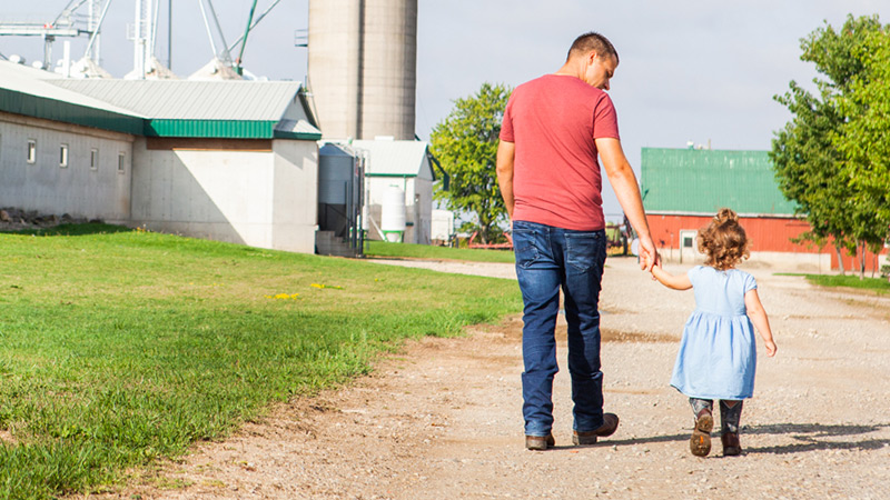 Father holding young daughters hand walking on farm road