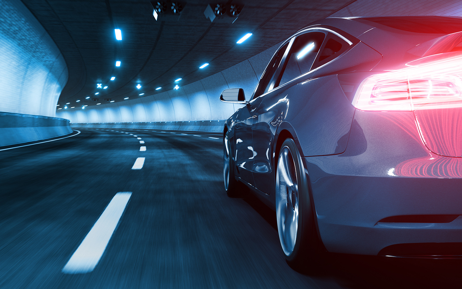 Modern Electric car rides through tunnel with cold blue light style