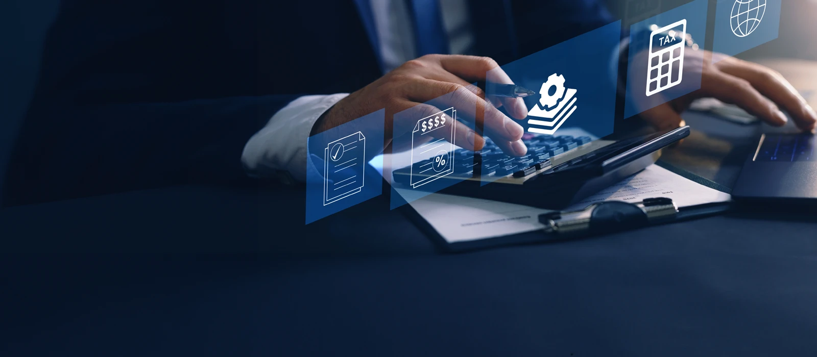 Businessperson using the laptop to fill in tax form for payment Financial research