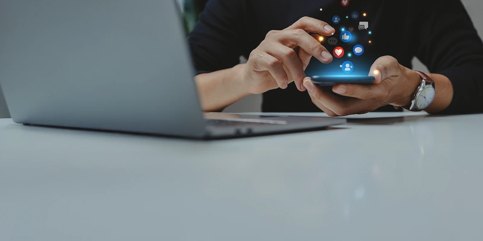 Business person scrolling through social media on smart phone
